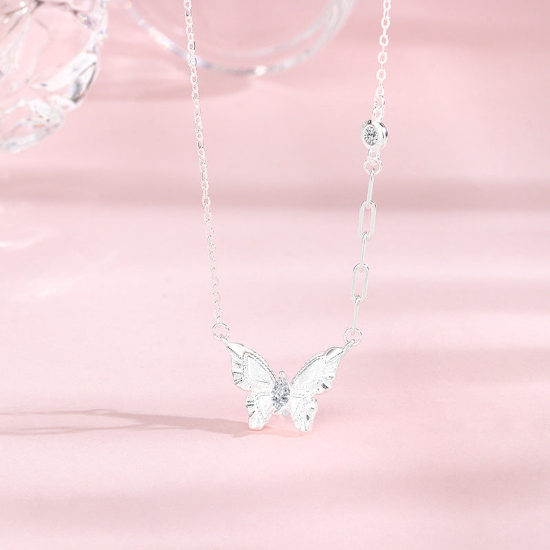 S925 Sterling Silver Gold Brushed Butterfly Necklace with Diamond – New Chinese Style