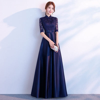 Maricel Long Stand up collar navy long / S The End Elegant Long Sleeve Thin Company Annual Meeting Black Dress Dress Long Section