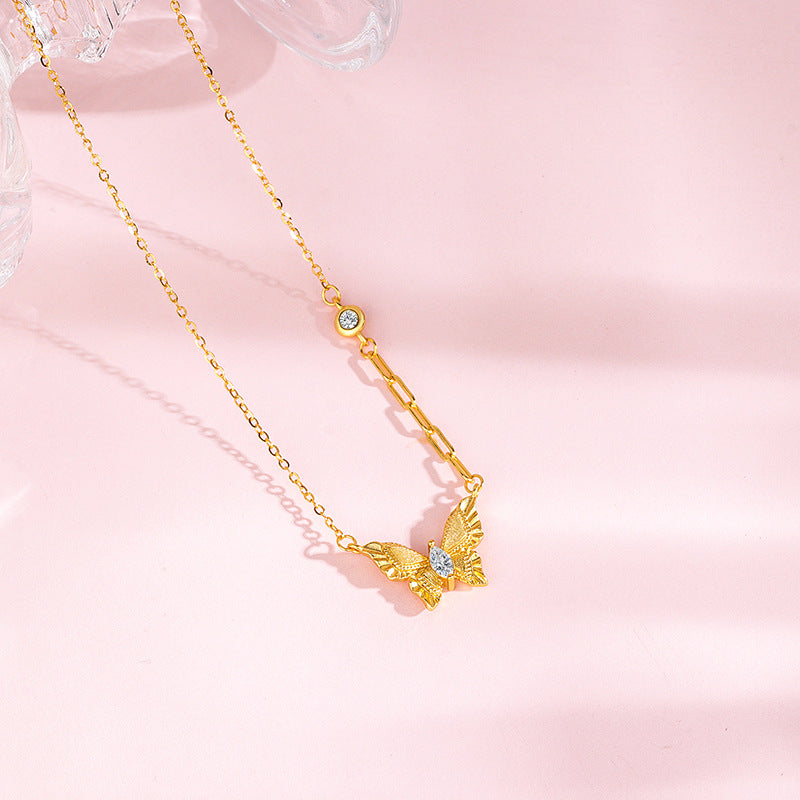 S925 Sterling Silver Gold Brushed Butterfly Necklace with Diamond – New Chinese Style