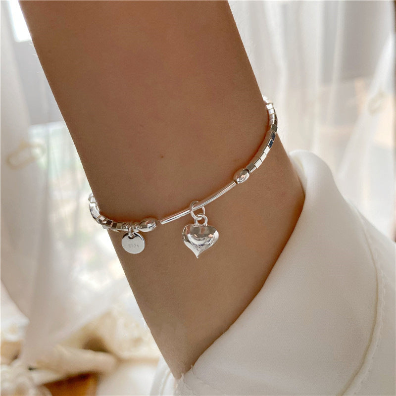 S925 Sterling Silver Square Charm Bracelet With Round Discs And Heart Pendants