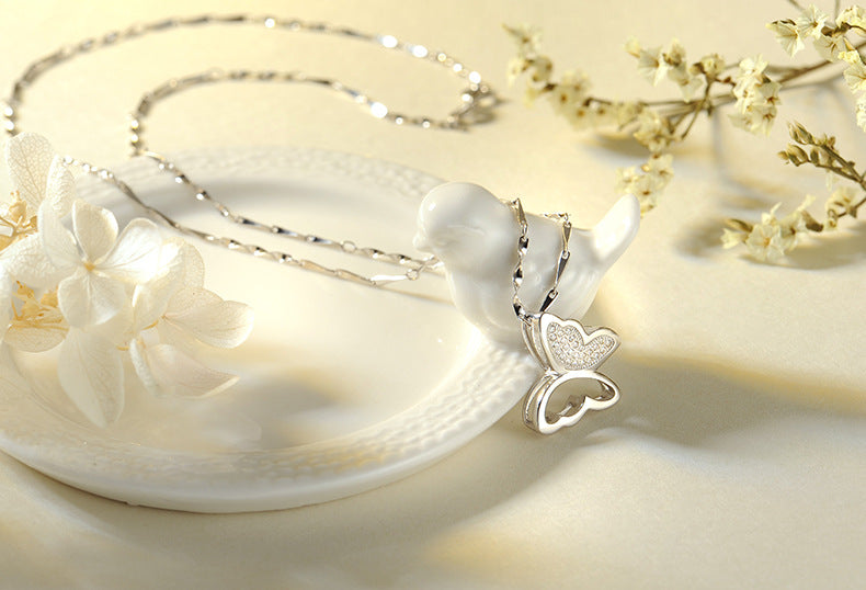 S925 Sterling Silver Butterfly Necklace – Micro-Inlaid Pendant Clavicle Chain for Women