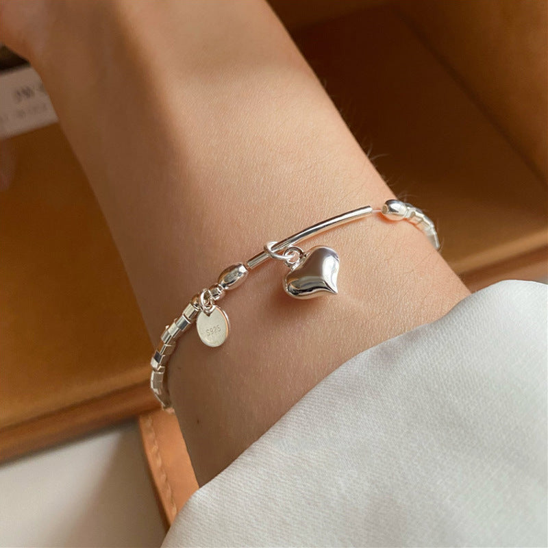 S925 Sterling Silver Square Charm Bracelet With Round Discs And Heart Pendants