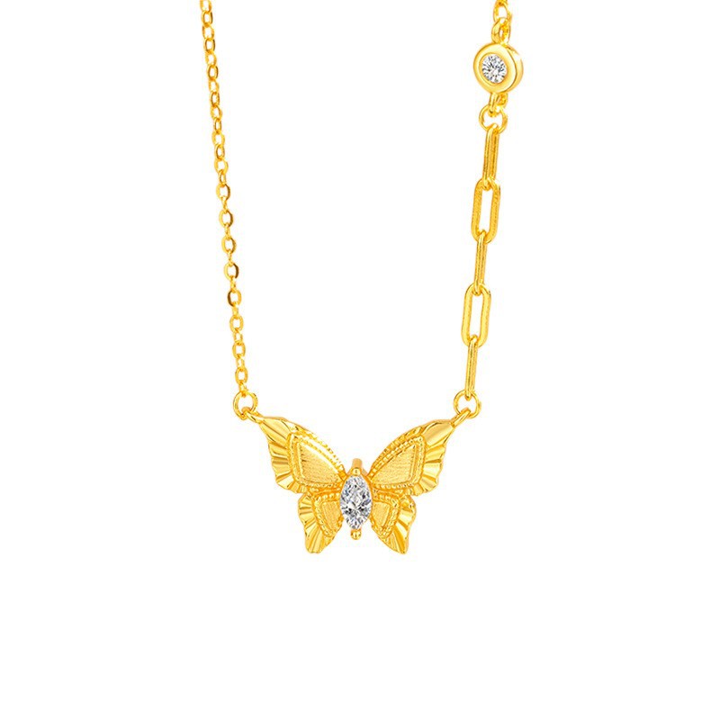 S925 Sterling Silver Gold Brushed Butterfly Necklace with Diamond – New Chinese Style