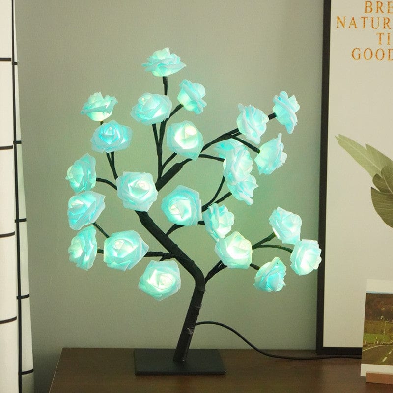 Maricel Long Blue On Black Background / Warm White LED Rose Tree Cherry Blossom Christmas Lights Rose Night Lamp