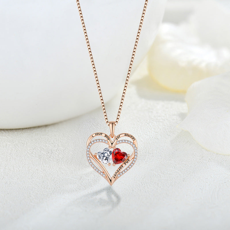 Double Heart Necklace – 925 Sterling Silver with Zircon Accents
