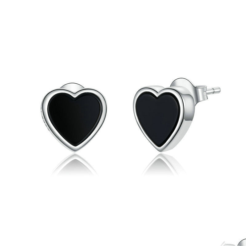 Black Agate Love Heart-shaped Platinum-plated S925 Silver Earrings