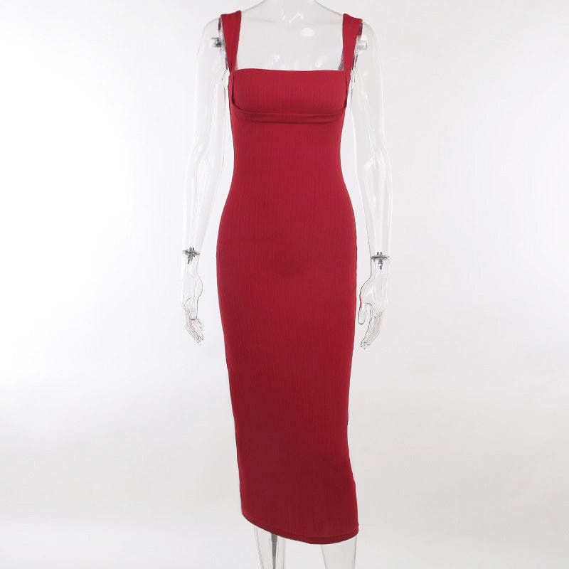 Maricel Long Dress Red / S Women's Knitted Sling Slim-fit Red Dress