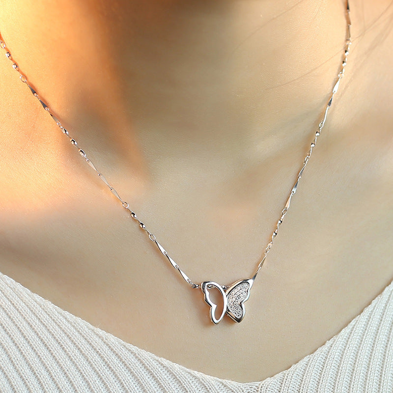 S925 Sterling Silver Butterfly Necklace – Micro-Inlaid Pendant Clavicle Chain for Women