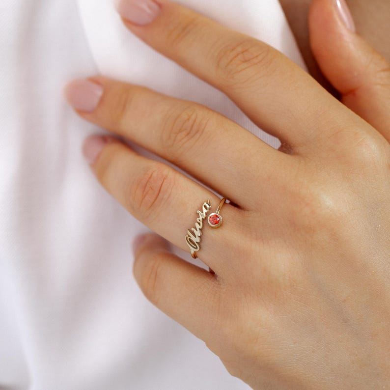 Personalized Birthstone Name Open Ring – Custom Adjustable Ring