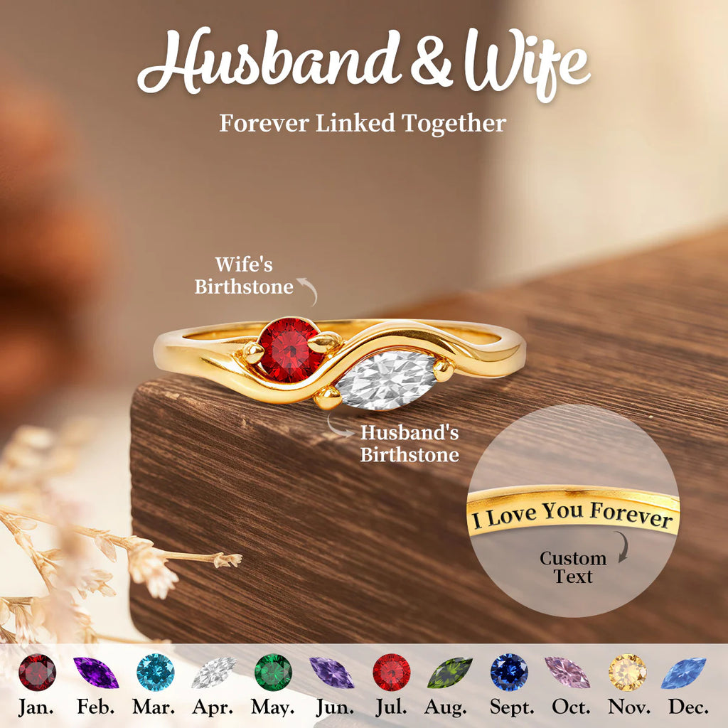 Personalized Two Birthstone Wave Ring with Custom Engraving | Couple Promise Ring | Gold-Tone Birthstone Ring