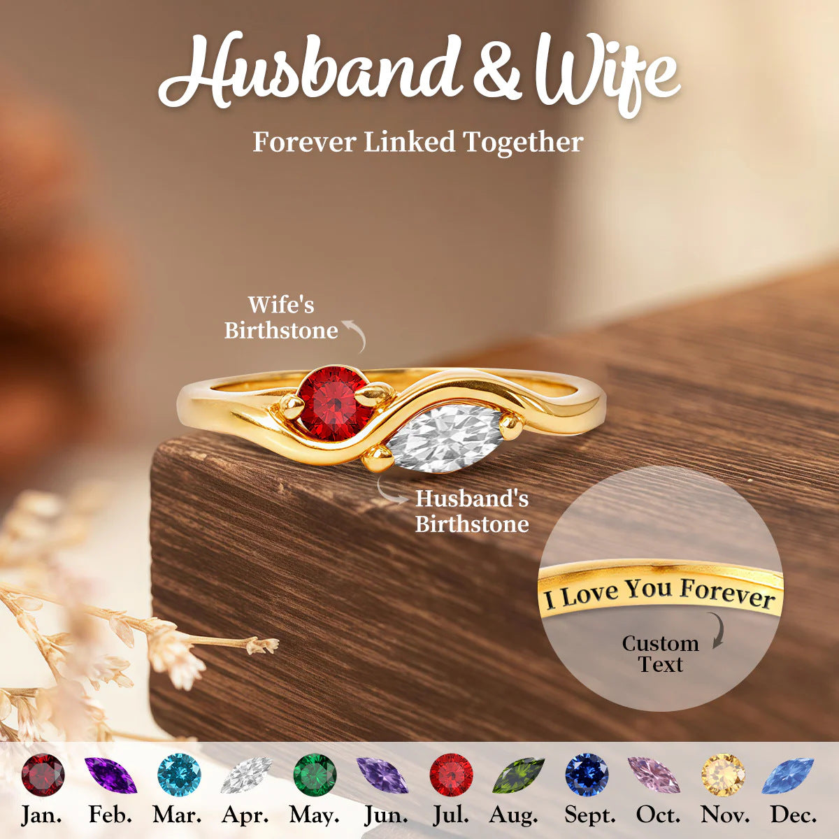 Personalized Two Birthstone Wave Ring with Custom Engraving | Couple Promise Ring | Gold-Tone Birthstone Ring