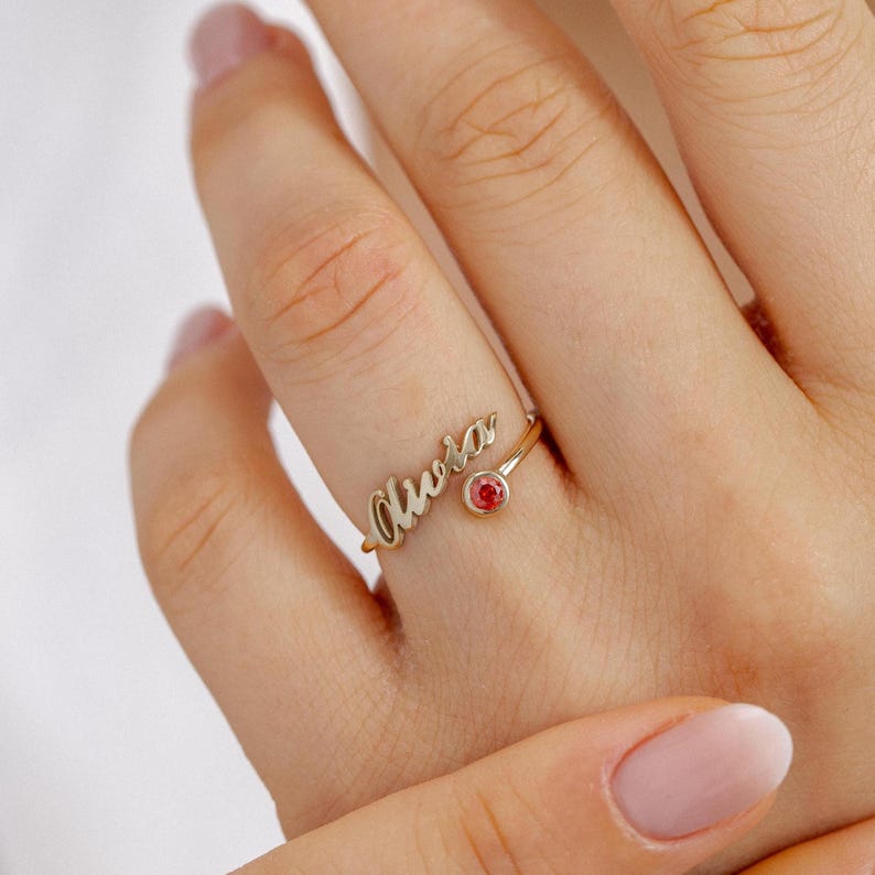 Personalized Birthstone Name Open Ring – Custom Adjustable Ring
