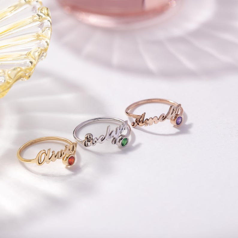 Personalized Birthstone Name Open Ring – Custom Adjustable Ring