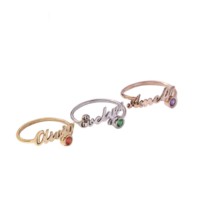 Personalized Birthstone Name Open Ring – Custom Adjustable Ring
