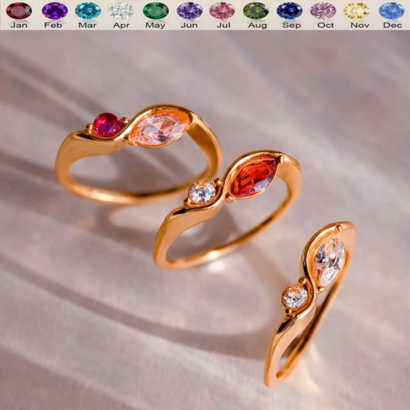 Personalized Two Birthstone Wave Ring with Custom Engraving | Couple Promise Ring | Gold-Tone Birthstone Ring