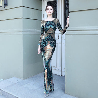 Maricel Long Green / S Fashion Stitching Mopping Long Sequin Dress