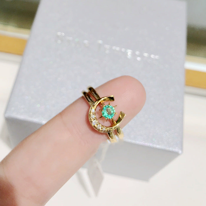 S925 Sterling Silver 18K Yellow Gold-Plated Emerald Horseshoe Ring Set