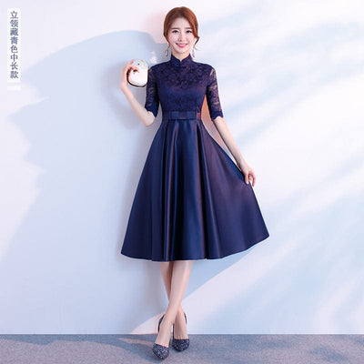 Maricel Long Stand up collar navy midlengt / S The End Elegant Long Sleeve Thin Company Annual Meeting Black Dress Dress Long Section