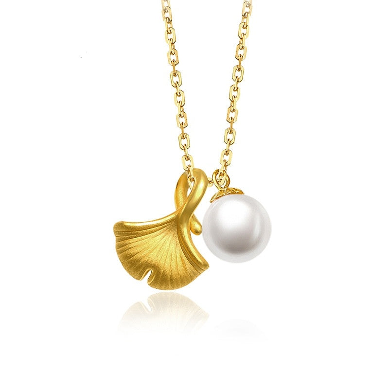 999 Pure Gold Ginkgo Leaf Pearl Pendant Necklace – 3D Hard Gold Design