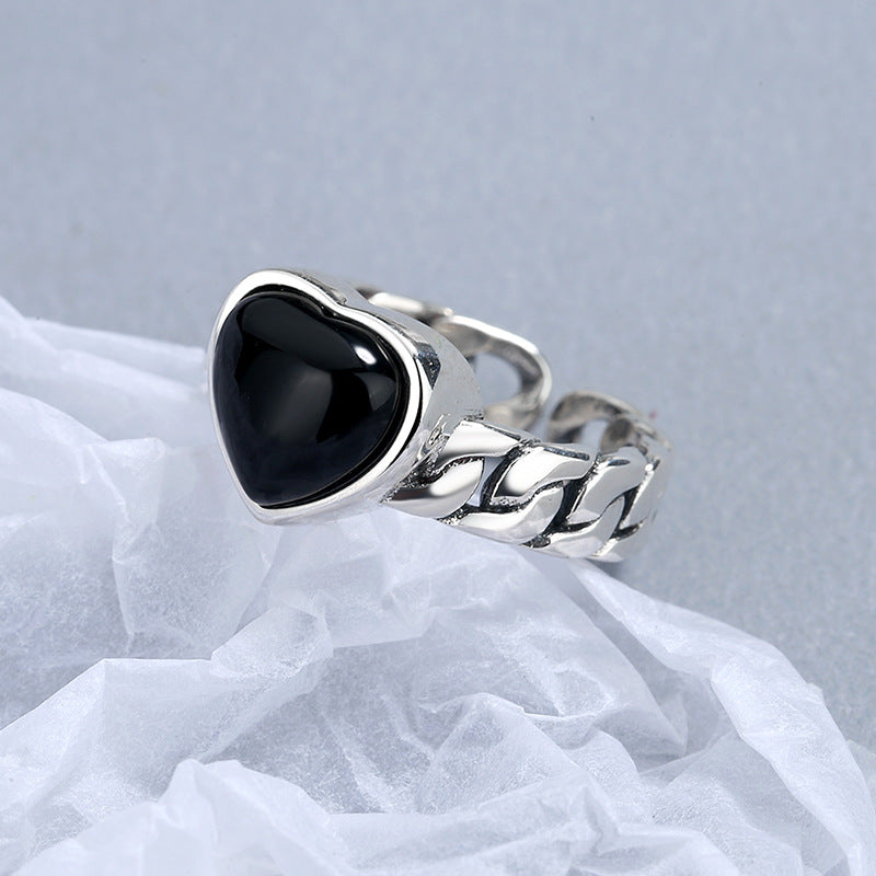 925 Sterling Silver Love Heart Black Agate Ring