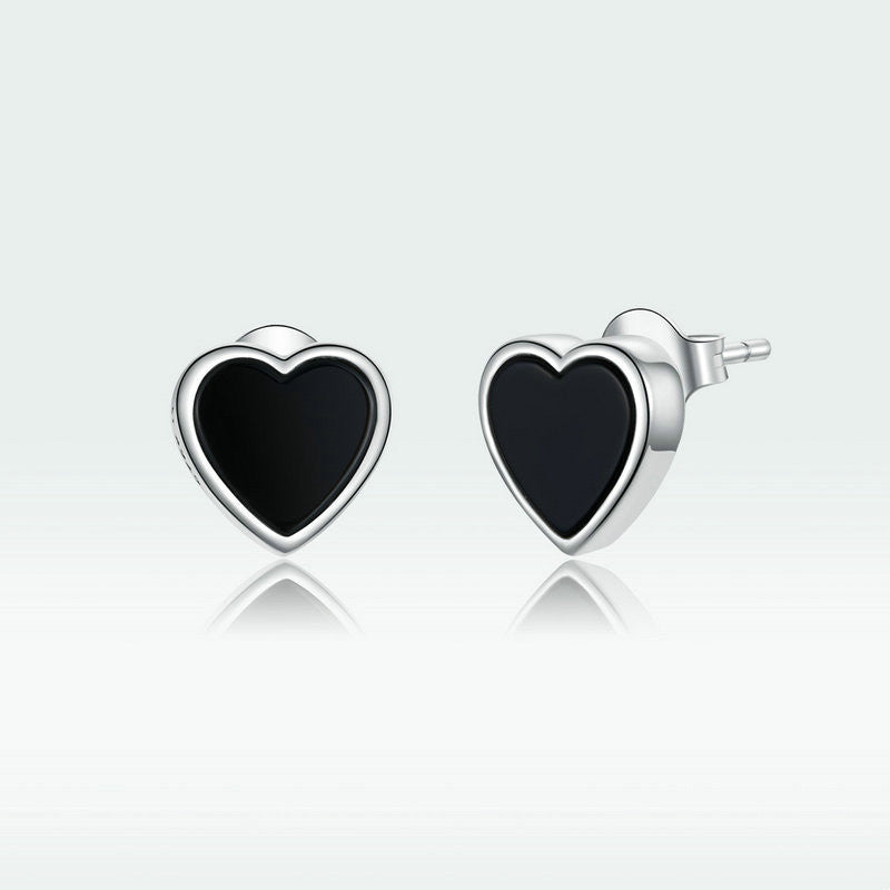 Black Agate Love Heart-shaped Platinum-plated S925 Silver Earrings