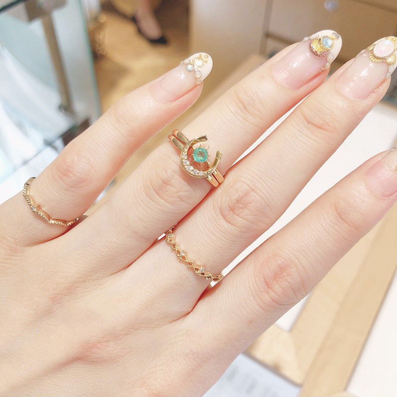 S925 Sterling Silver 18K Yellow Gold-Plated Emerald Horseshoe Ring Set