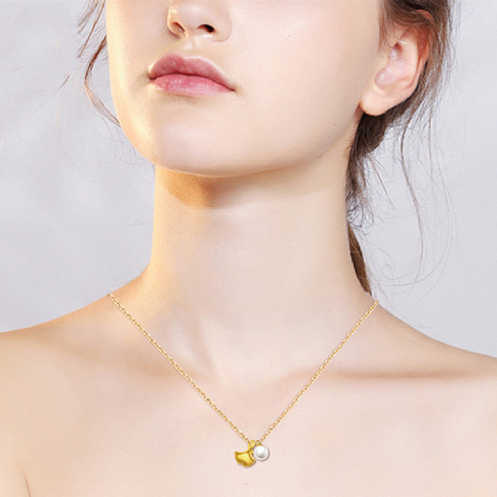999 Pure Gold Ginkgo Leaf Pearl Pendant Necklace – 3D Hard Gold Design