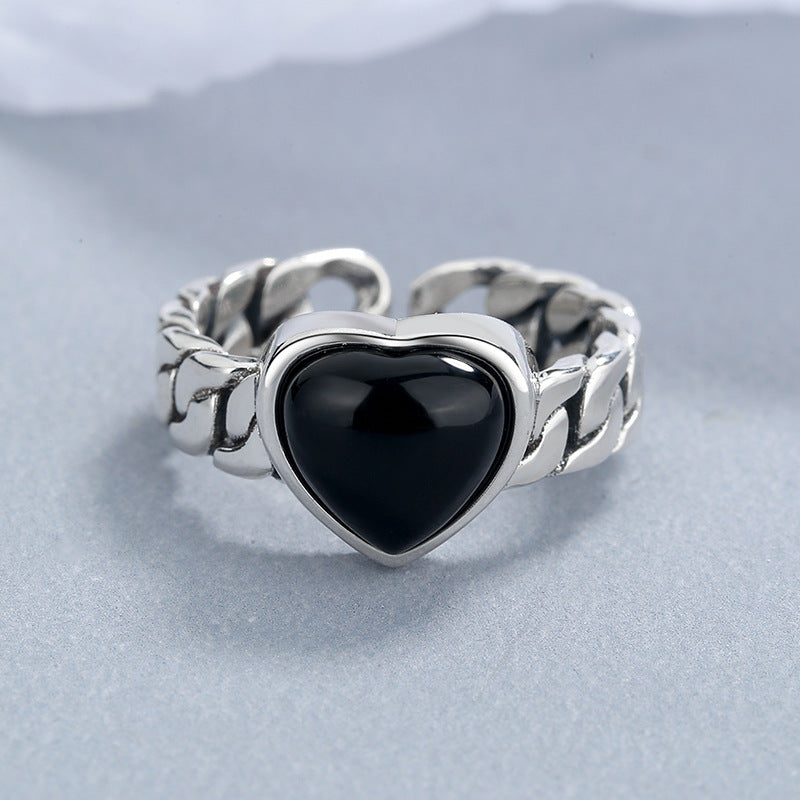 925 Sterling Silver Love Heart Black Agate Ring