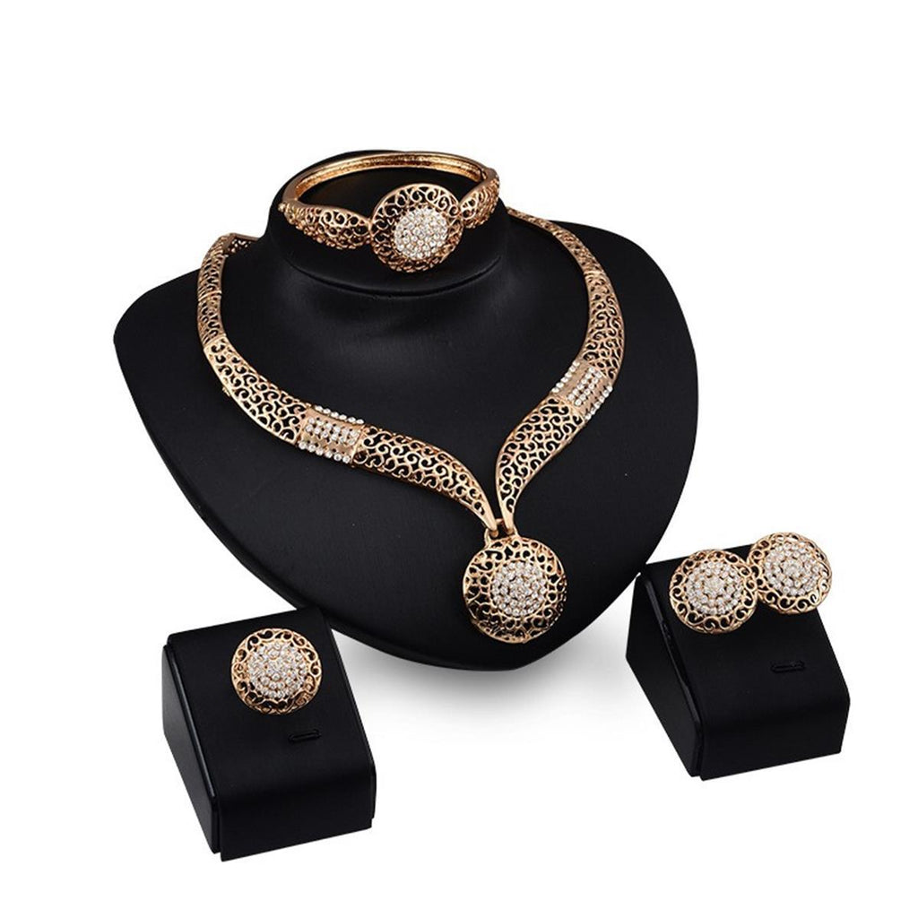 Exaggerated Rhinestone Floral Jewelry Set – 4-Piece Gold Statement Collection