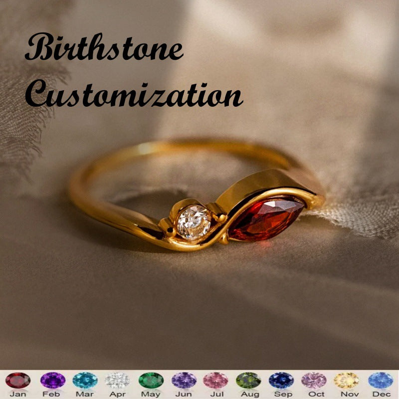 Personalized Two Birthstone Wave Ring with Custom Engraving | Couple Promise Ring | Gold-Tone Birthstone Ring