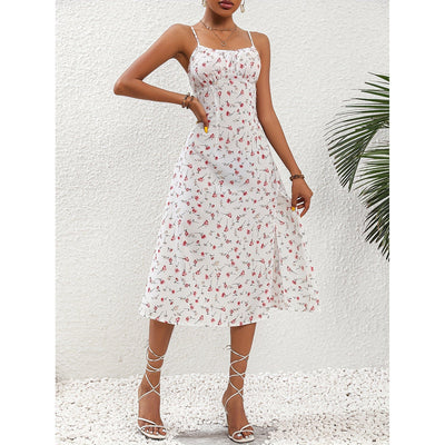 Maricel Long Dress White / S New Polka Dot Print Suspender Dress Summer Sexy Slit Long Dresses For Womens Clothing