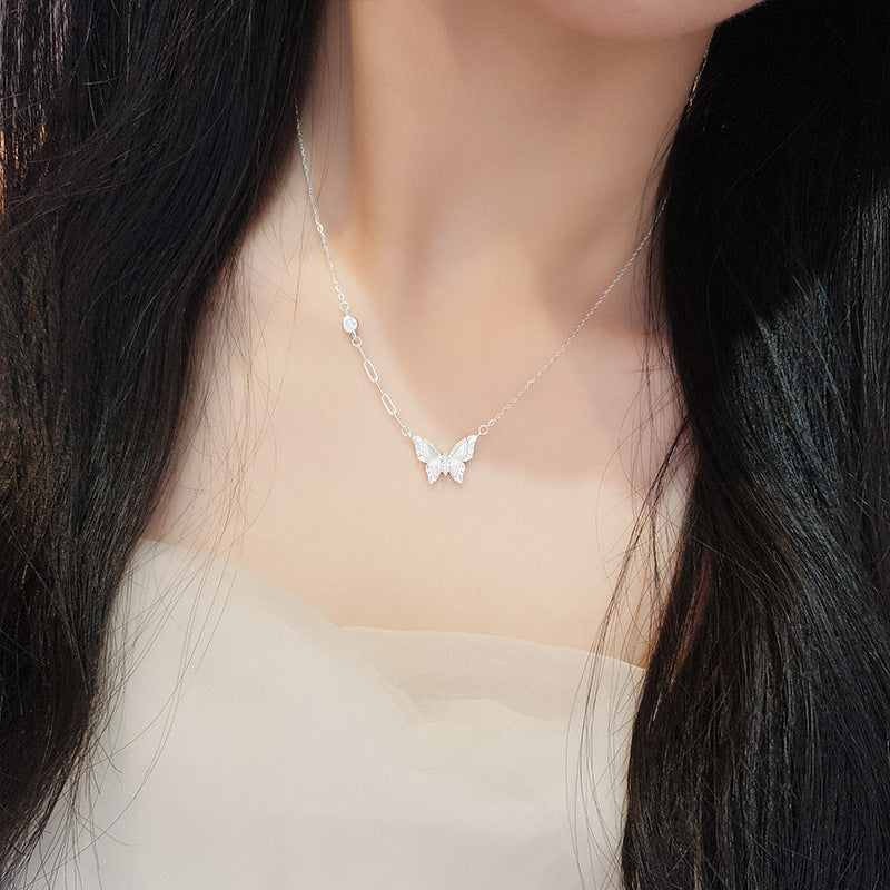 S925 Sterling Silver Gold Brushed Butterfly Necklace with Diamond – New Chinese Style