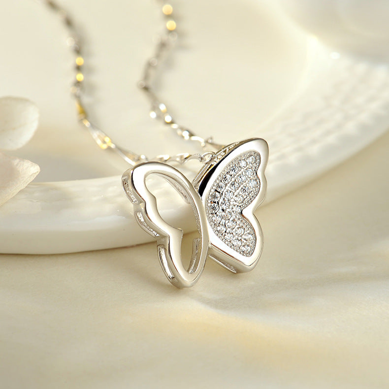 S925 Sterling Silver Butterfly Necklace – Micro-Inlaid Pendant Clavicle Chain for Women