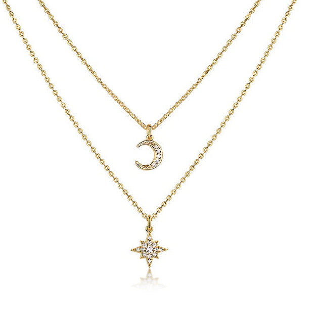 Moissanite Moon & Star Necklace Set | Gold-Plated S925 Sterling Silver | GRA Certified Layered Celestial Necklace for Women