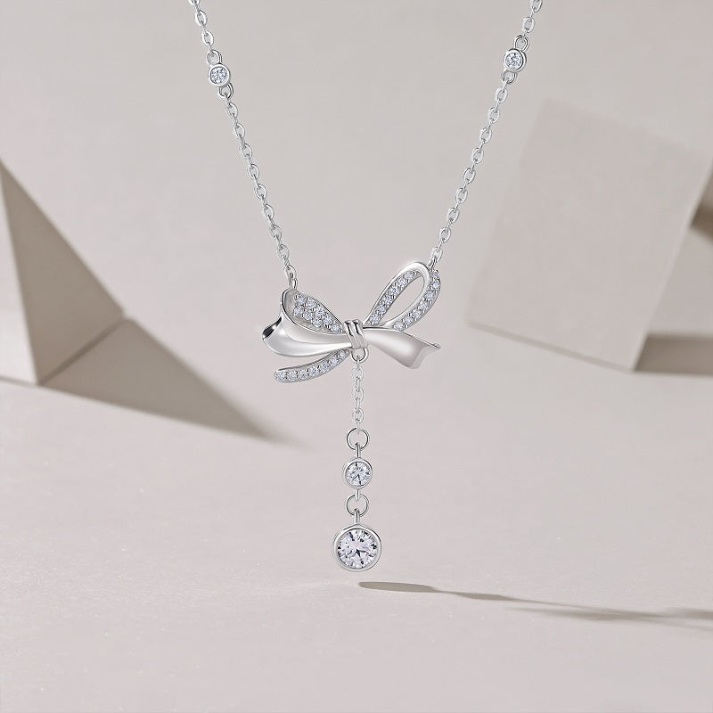 Bow Moissanite Drop Necklace – S925 Sterling Silver