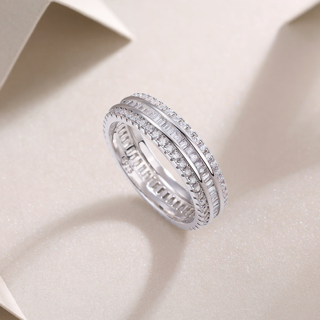 S925 Sterling Silver Double Row Moissanite Ring – Square Diamond Design