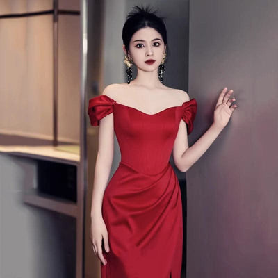Fashion Bride Wine Red Engagement Wedding Back - to - door Casual Dress Small - Maricel Long