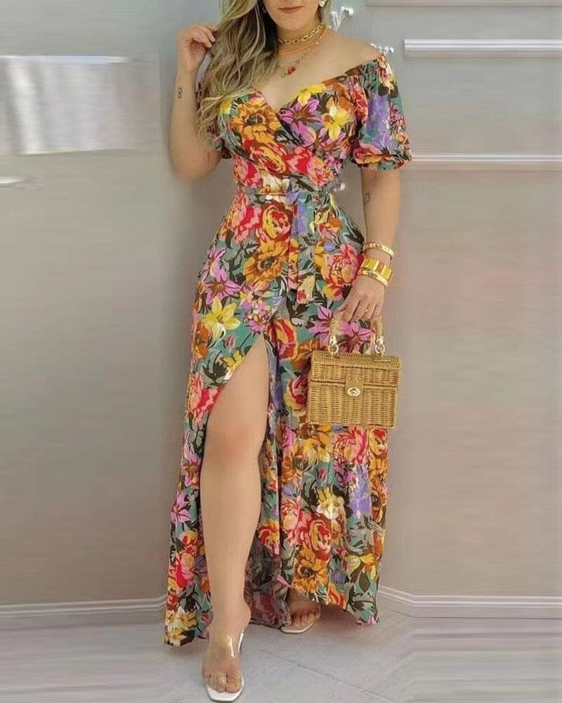 Short Sleeve Printed V - neck Waist - controlled Lace - up Dress - Maricel Long