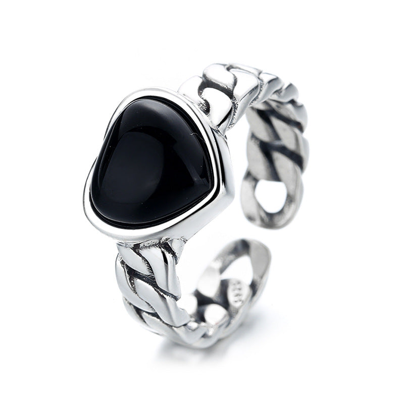 925 Sterling Silver Love Heart Black Agate Ring