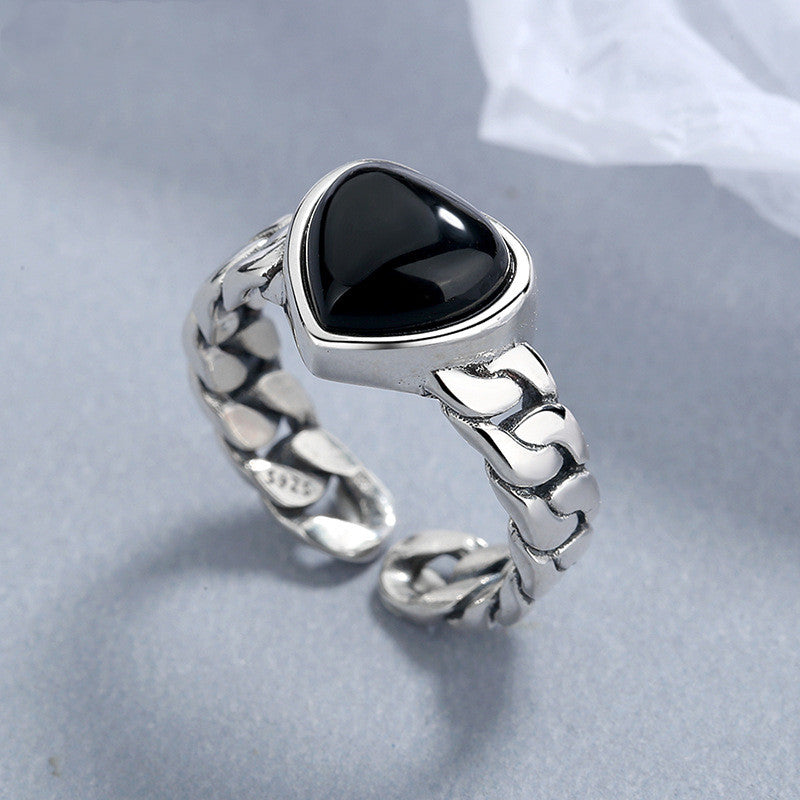 925 Sterling Silver Love Heart Black Agate Ring