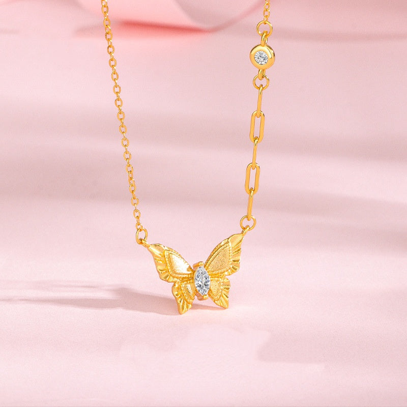 S925 Sterling Silver Gold Brushed Butterfly Necklace with Diamond – New Chinese Style