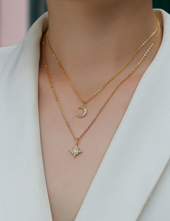Moissanite Moon & Star Necklace Set | Gold-Plated S925 Sterling Silver | GRA Certified Layered Celestial Necklace for Women