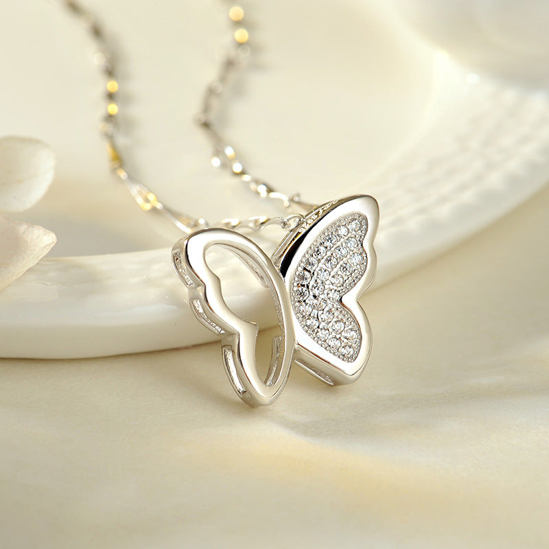 S925 Sterling Silver Butterfly Necklace – Micro-Inlaid Pendant Clavicle Chain for Women