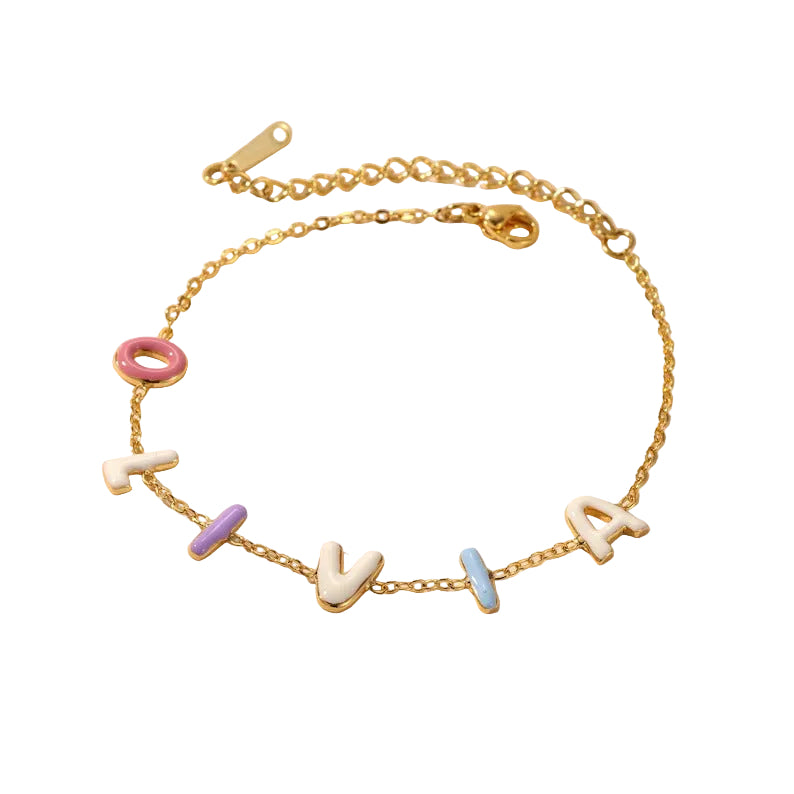 Custom Colorful Enamel Bubble Letter Bracelet – Personalized Name Bracelet in Gold Stainless Steel