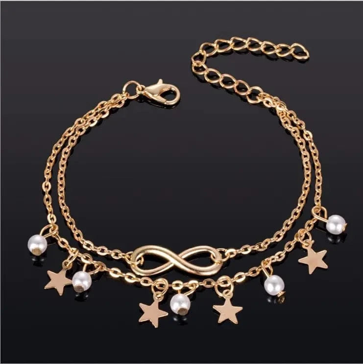 Maricel Long Bohemian Vintage Double Layer Star Pearl Anklet
