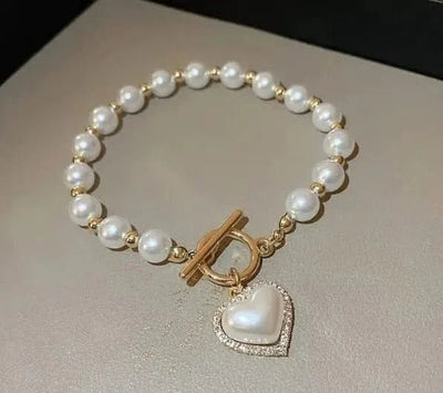 Diamond OT Buckle Pearl Heart Bracelet - Maricel Long