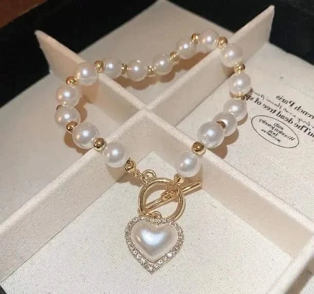 Diamond OT Buckle Pearl Heart Bracelet - Maricel Long