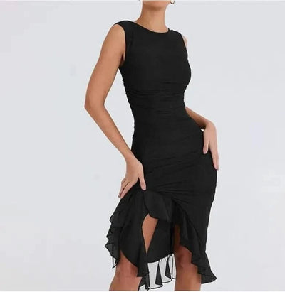Elegant Ruffle Ruched Midi Dress - Maricel Long