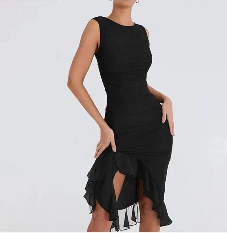 Elegant Ruffle Ruched Midi Dress - Maricel Long
