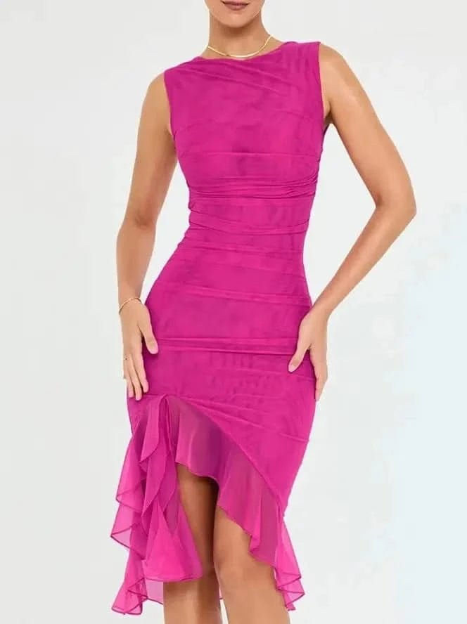 Elegant Ruffle Ruched Midi Dress - Maricel Long